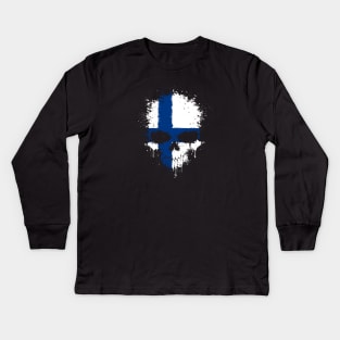 Chaotic Finnish Flag Splatter Skull Kids Long Sleeve T-Shirt